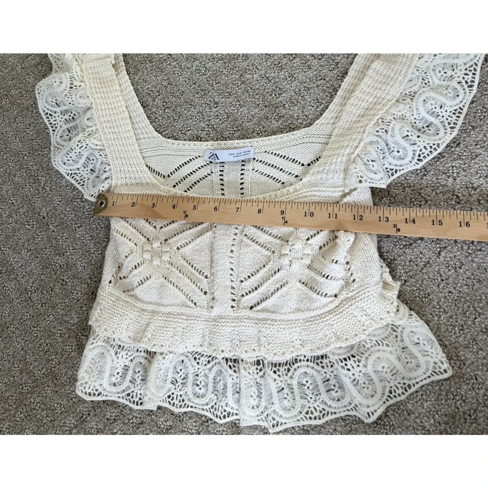 Zara Cream Crochet Tank Size Small Ruffle Sleeve Peplum Crop Style Cream Ivory